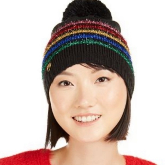 Betsey Johnson Rainbow Stripe Beanie with Pom - Picture 1 of 5